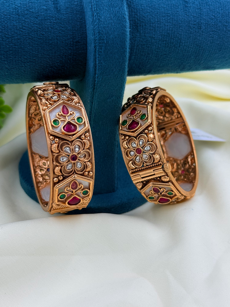 Royal Ruby Floral Bangles with Green & White Stone Inlay
