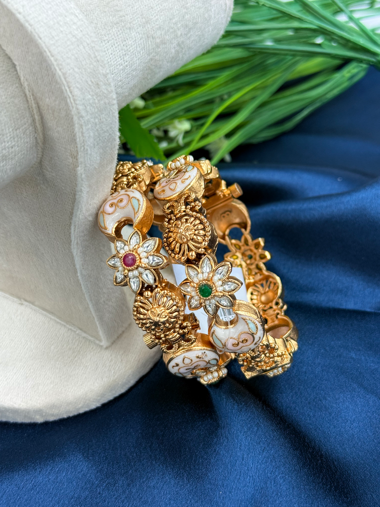 Floral Pearl-Finish Kundan Bangles