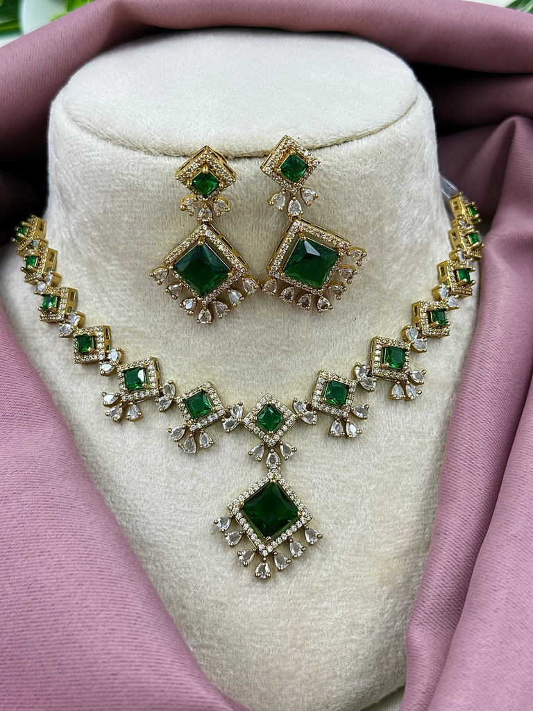 Geometric Necklace Set with Bold Square-Cut Stones and Drop Accents