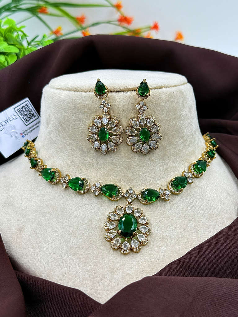 Floral Designer Necklace Set with Intricate Teardrop Stones