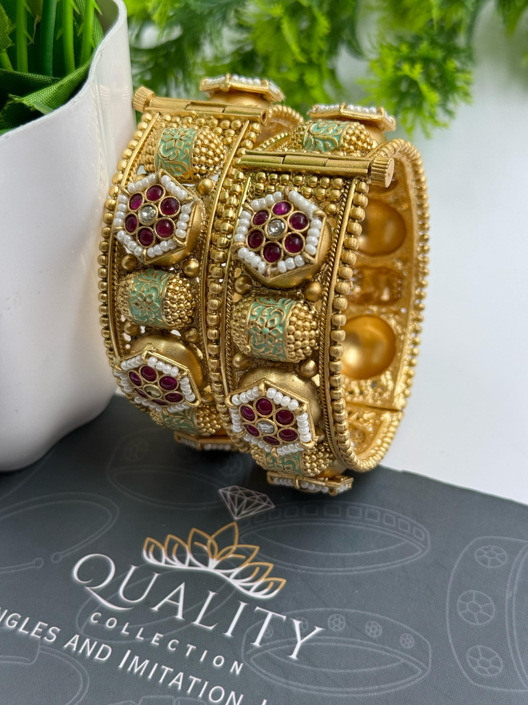 Temple Inspired Heritage Kada with Ruby Flower Motifs