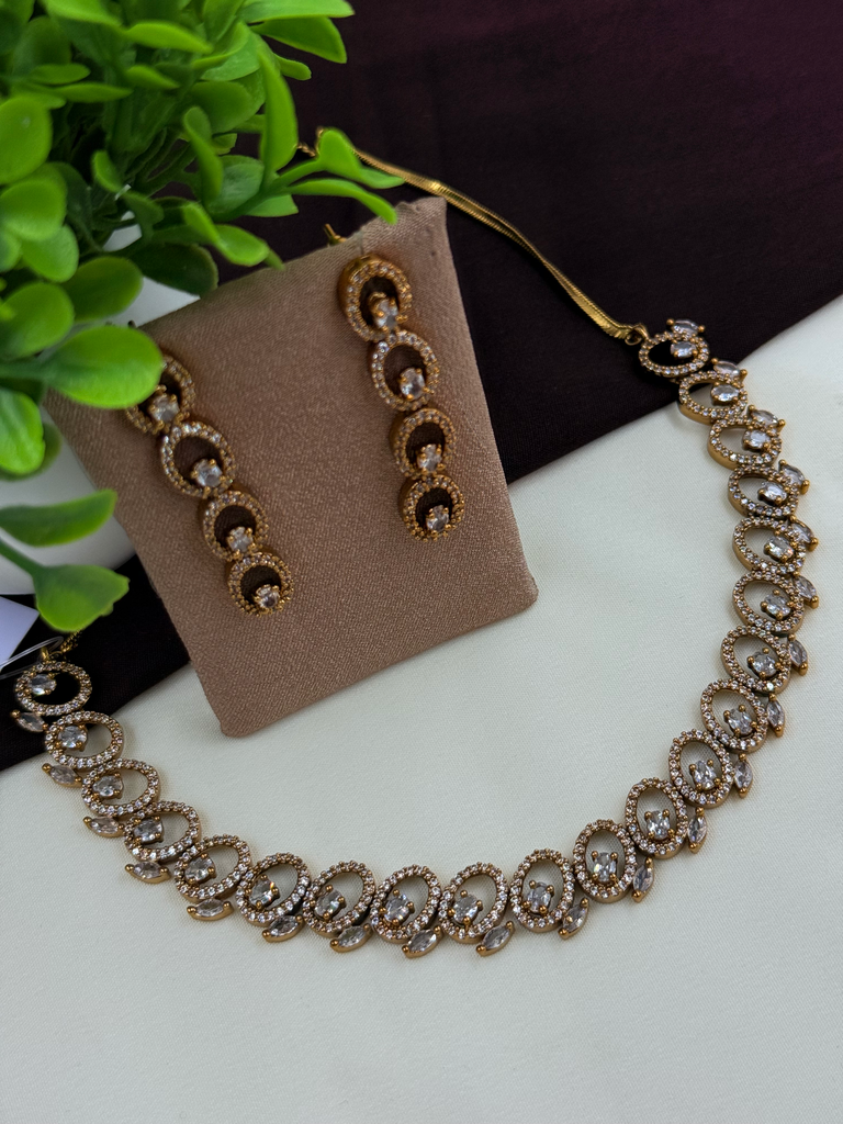 Champagne Gold Oval Victorian Necklace Set – Premium American Diamond Jewelry 