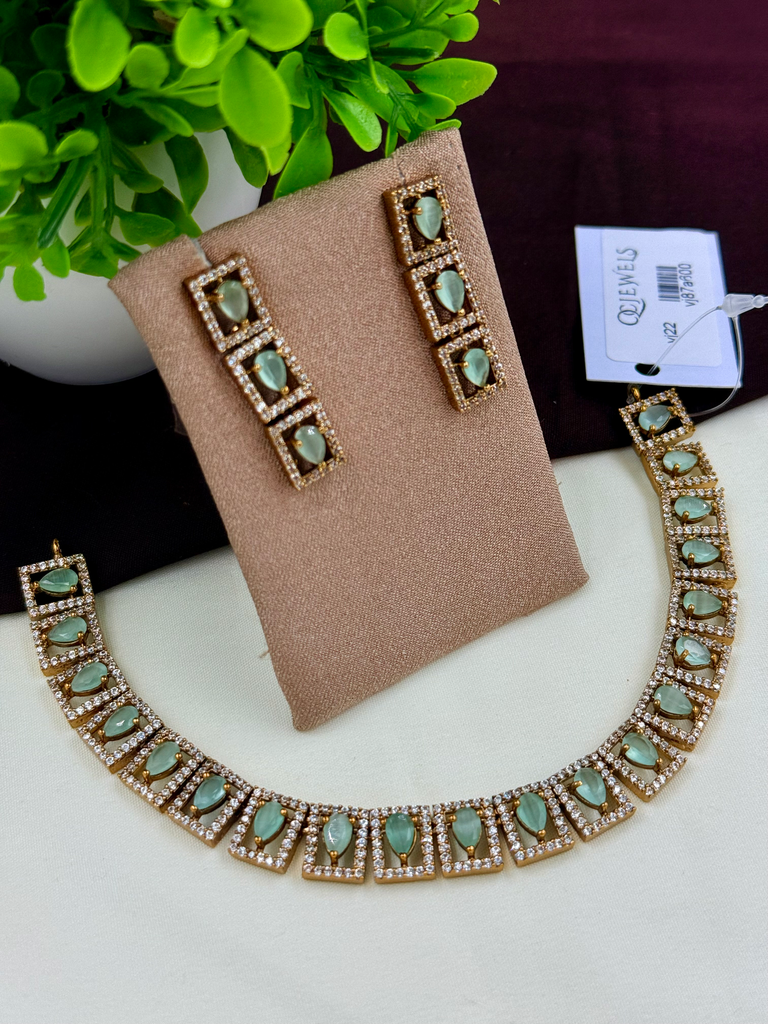 Mint Green AD Stone Rectangle Necklace Set