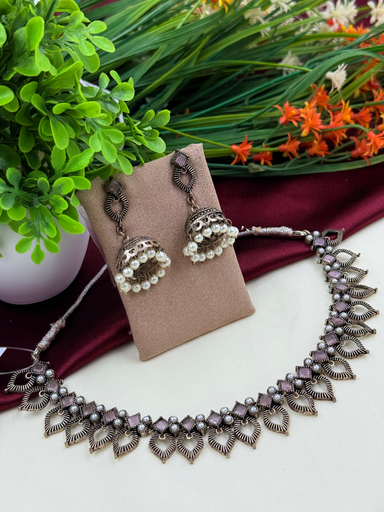 Pink Stone Leaf Style Oxidized Jewellery 