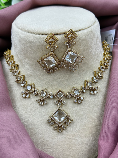 Geometric Necklace Set with Bold Square-Cut Stones and Drop Accents