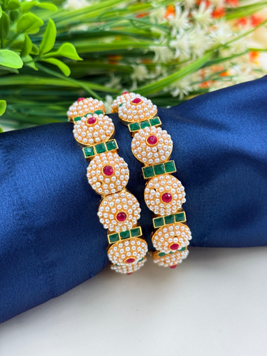 Bangles With Pearl Work and Green Stones 