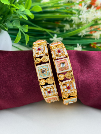 Mint and Peach Bangles with Pearl Work 