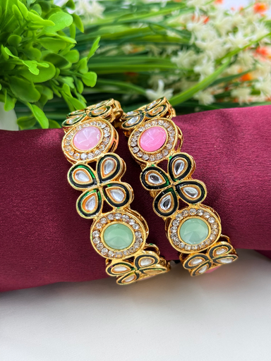 Broad Mint and Pink Bangles with Kundan Work 