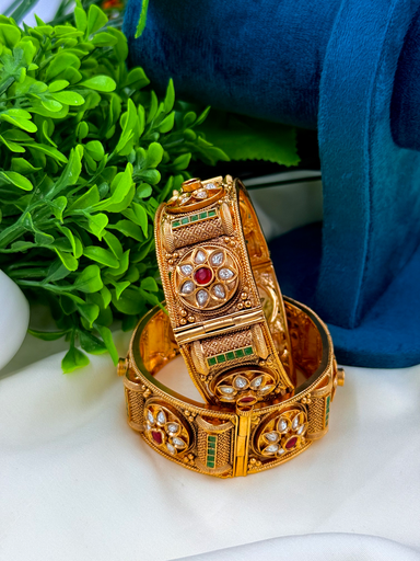 Golden Broad Ruby Stone Bangles 