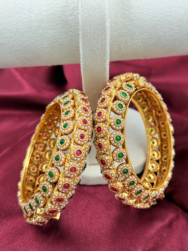 Rajwadi Pearl Bangles with Green & Ruby Stones 