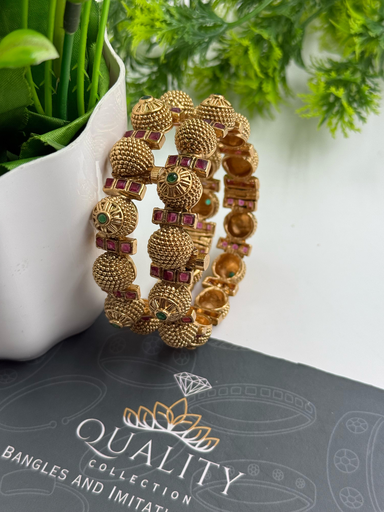 Temple Style Dome Bangles with Ruby & Emerald Accents