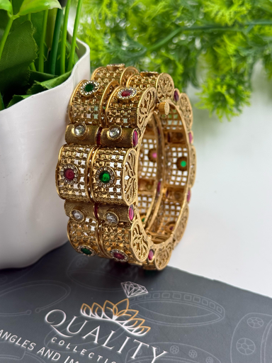 Mesh Design Gold Bangles with Multi-Stone Embellishments