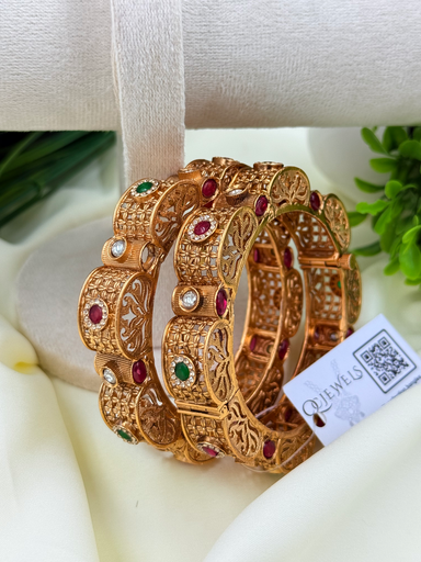 Mesh Design Gold Bangles with Multi-Stone Embellishments