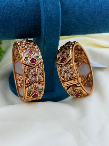 Royal Ruby Floral Bangles with Green & White Stone Inlay