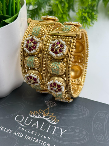 Temple Inspired Heritage Kada with Ruby Flower Motifs
