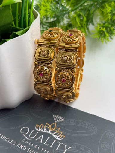 Classic Antique Octagon Bangles with Ruby & Emerald Accents