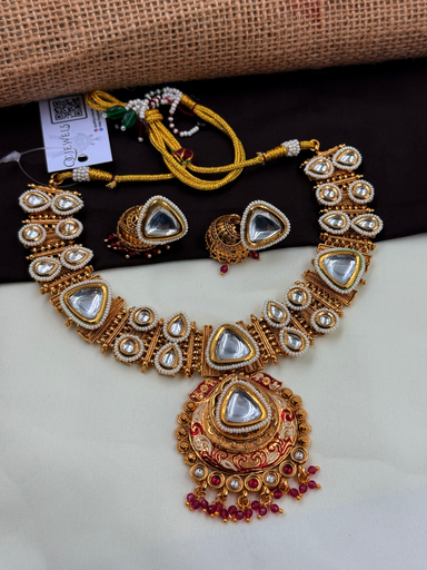 Bold Triangle Kundan Necklace Set with Ruby Detailing