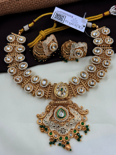 Royal Kundan Pearl Necklace Set with Green Drop Pendant