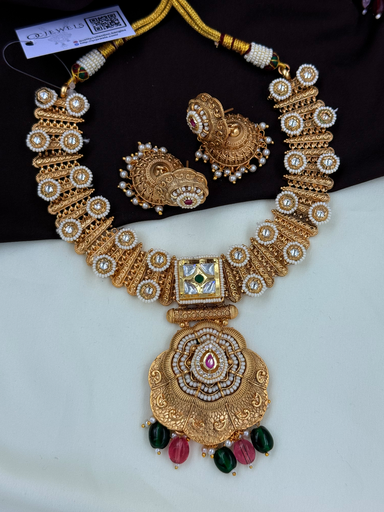 Traditional Matte Gold Kundan Necklace Set with Multicolor Beads