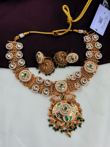 Emerald Green & Pearl Beaded Necklace Set with Matte Gold Finish