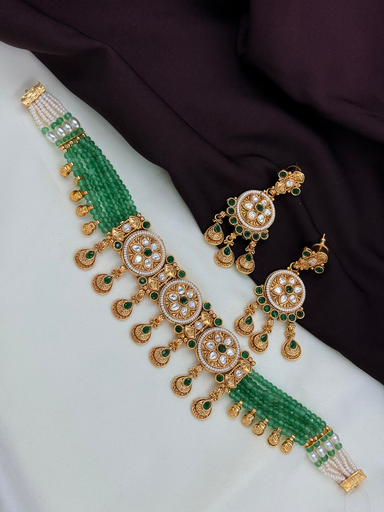 Grand Emerald Round Beaded Necklace Set with Hanging Drops