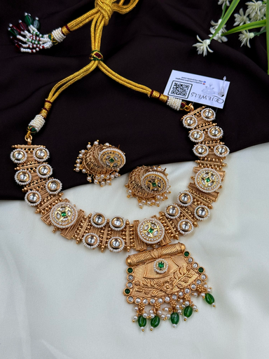 Royal Kundan Copper Jewellery set with Green Bids 