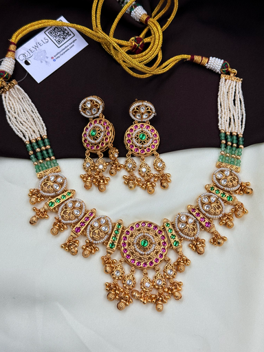 Multicolor Heritage Necklace Set with Ruby, Emerald & Pearl Detailing