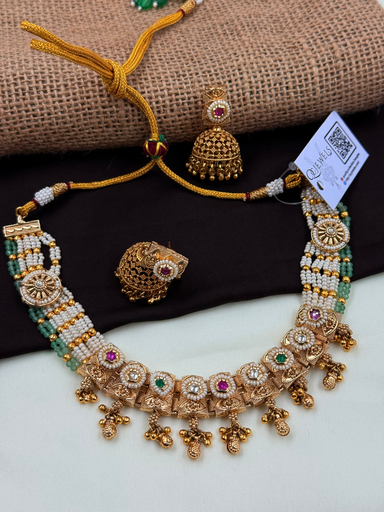 Temple Inspired Beaded Necklace Set with Ruby & Emerald Stones