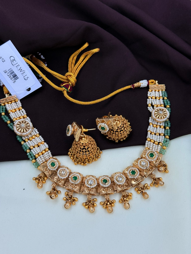 Emerald Green & Pearl Beaded Necklace Set with Matte Gold Finish