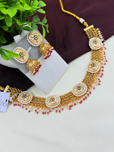Copper Necklace set with Ruby stone and pearl 