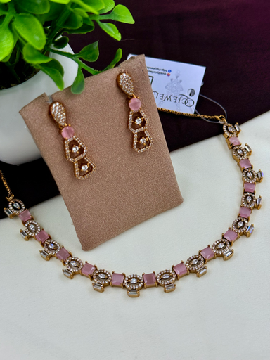 Soft Pink American Diamond Necklace Set – Stylish Victorian AD Jewelry 