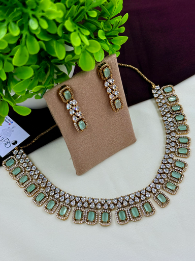 Elegant Green Stone Victorian Necklace Set with American Diamonds – Party Wear Jewelry