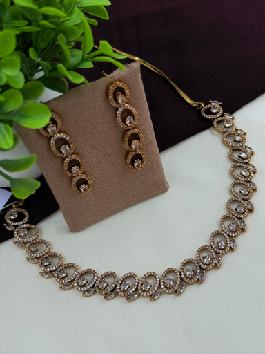 Champagne Gold Oval Victorian Necklace Set – Premium American Diamond Jewelry 