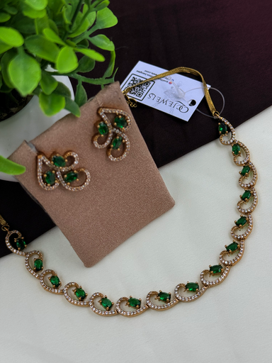 Green Stone Curvy Victorian Necklace Set – Lightweight Daily Wear Jewelry 