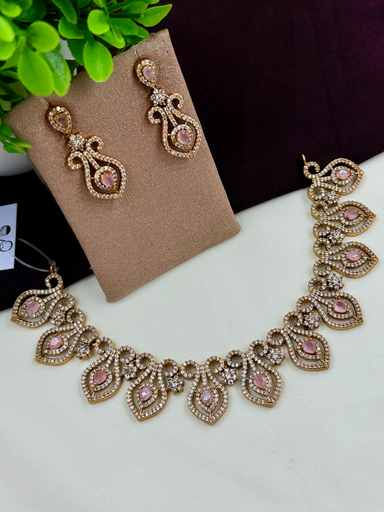 Royal Pink Tear Drop Victorian Necklace Set – Designer AD Jewelry for Weddings