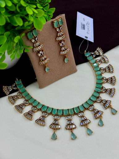 Mint Green AD Stone Tassel Necklace Set