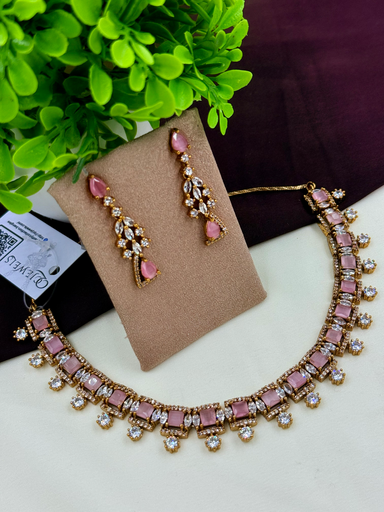 Rose Pink AD Stone Rectangular Necklace Set